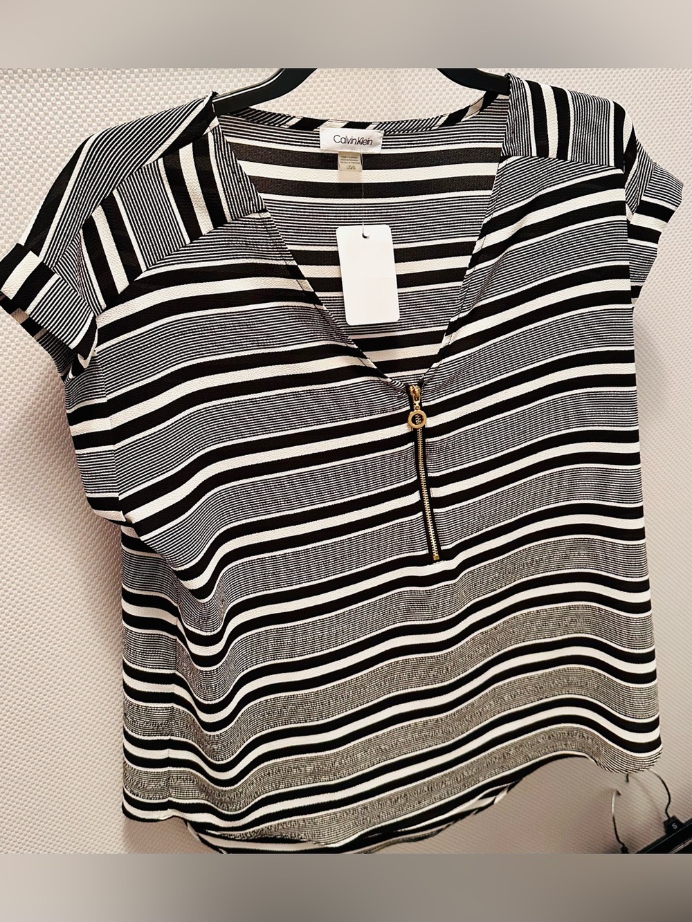 Calvin Klein Black & White Striped Zip-Front Blouse